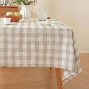Alsoo Checkered Tablecloth Rectangle Washable Buffalo Plaid Table Cloth Cotton Linen Gingham Table Cover for Picnic Kitchen Dining Room, Beige and White, 60 * 90 inch