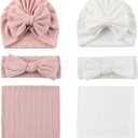 OMUKY Newborn Receiving Blanket Bow Headband and Beanie Set Baby Swaddle Receiving Blankets Baby Boy Girls Nursery Swaddle Wrap(White+Pink)