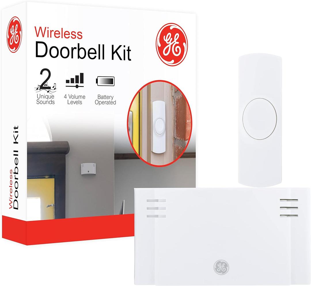 GE Wireless Doorbell Kit,Battery-Operated Receiver,1 Push Button door bell,2 Melodies,4 Volume Levels doorbell chime,classroom doorbell,150 Ft Range,Mountable,White,19247
