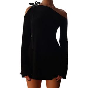 HYPERFIRE Women's Shoulder Tie Long Sleeve Asymmetrical Dress Boat Neck Cocktail Mini Dresses (Medium, Black)