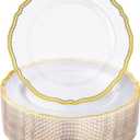 Hioasis 60pcs Clear Plastic Plates - Clear and Gold Disposable Dinnerware with Gold Rim, Heavy-duty, 7.5 inch, Dessert Plates for Party & Wedding