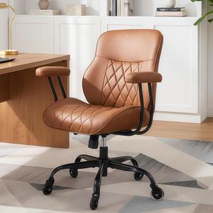 BEWISHOME Brown Leather Office Chair Features Rubber Wheels and Lumbar Support Ergonomic Mid Century Modern Desk Chair with Adjustable Height, 360 Swivel for Home & Office, Large - Max 320 Lbs Capacity