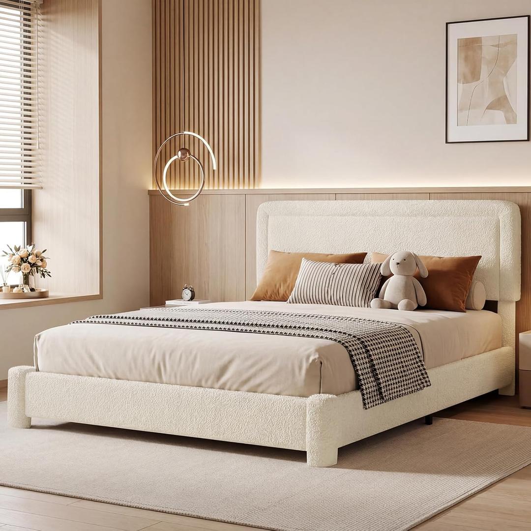 Queen Size Bed Frame, Boucle Bed Frame with Adjustable Headboard, Modern Upholstered Platform Bed with Wood Slats, Soft Rounded Corners, No Box Spring Required, Noise-free, Easy Assembly, Light Beige