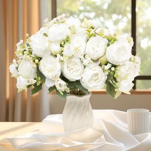 4 Bundles White Peonies Artificial Flowers Real Touch Silk Faux Bouquets for Wedding Decor, Home & Party Centerpieces