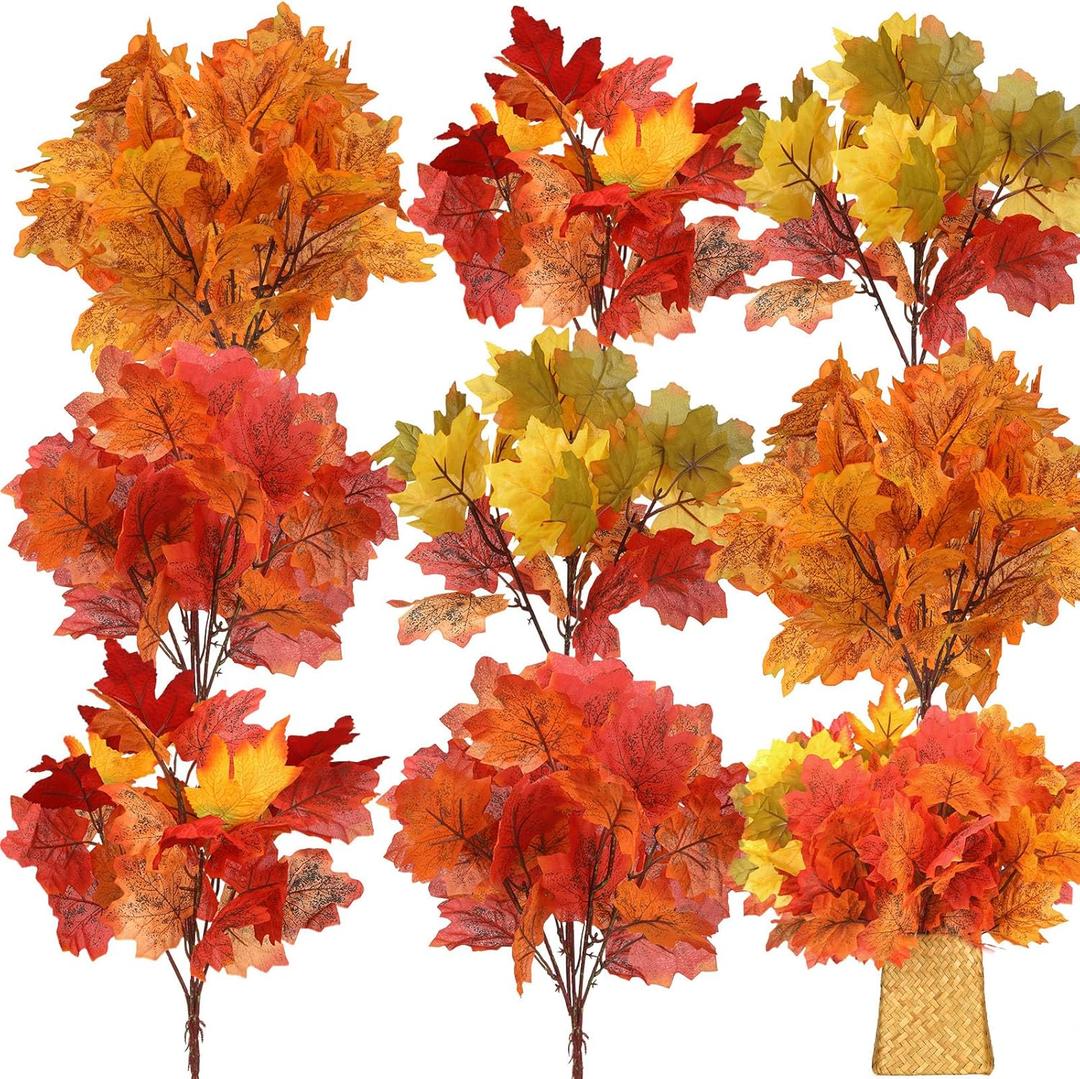 Tigeen 8 pcs Artificial Maple Leaves Branches Faux Thanksgiving Fall Fake Autumn Leaves for Thanksgiving Table Centerpieces Decoration