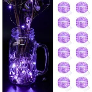 2 x 12 Pack Fairy Lights Battery Operated String Light7FT 20LED Waterproof Silver Wire Christmas Lights Outdoor,Firefly Mini Light for Bedroom Party Birthday Wedding Indoor Decorations Home Decor (Purple)