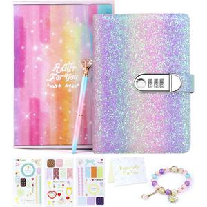 Diary with Lock for Girls, Birthday Gifts for 8 9 10 11 12 Year Old Girls, Kids Journal with Lock and Pen, Password Journal Notebook Kit for Girls, 200 Pages Secrect Diary (Rainbow Purple)