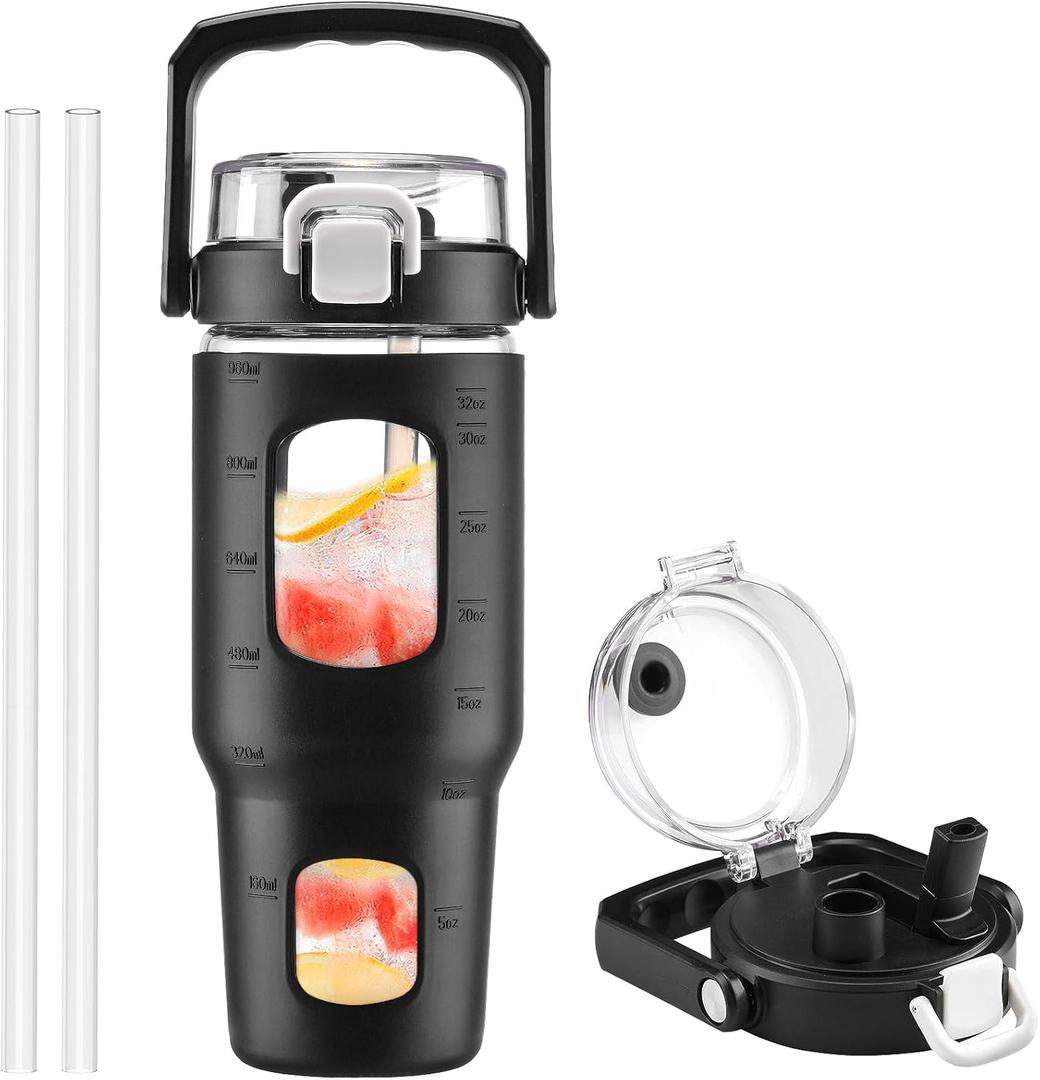 BLUEGO 32oz Glass Water Bottle with Handle and Straw|Leakproof Sports Glass Bottle with Time Marker and Silicone Sleeve|Glass Drinking Bottle for Travel, Gym, Workout, Black