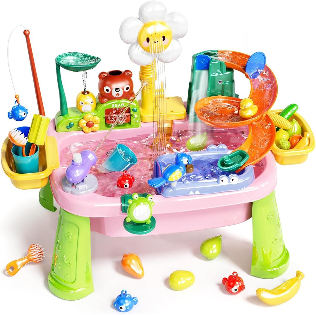 Pupu Pig Water Table Play Sink Toys for Toddlers, Kids Play Kitchen Sink with Running Water, 360 Electric Faucet, Floating Fishing Game, Sensory Water Table Toys for Boys Girls Summer Gifts - Pink
