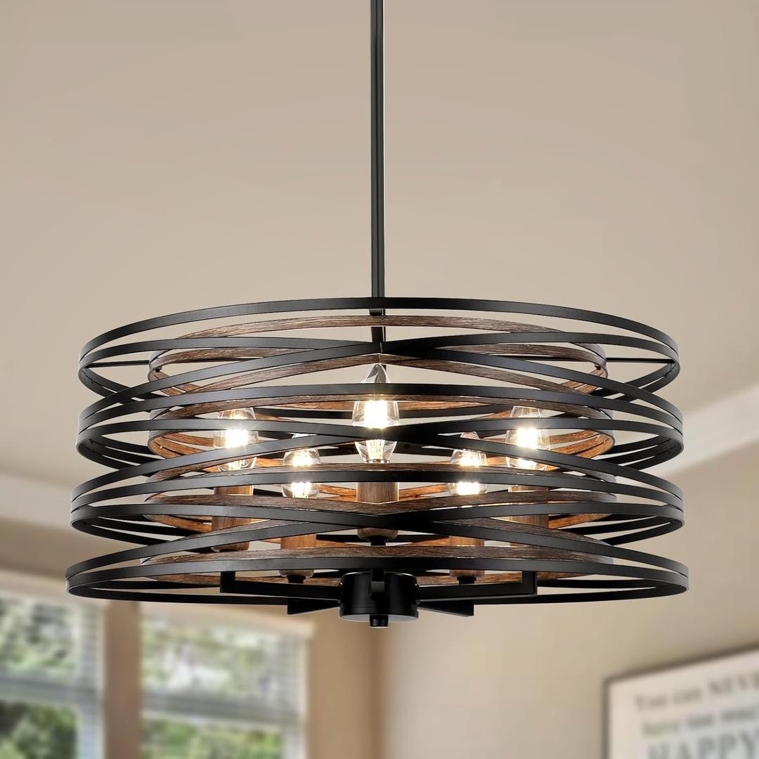 5-Light Drum Chandelier, 18.9'' Rustic Farmhouse Dining Room Light Fixture, Metal Faux Wood Black Round Chandeliers for Dining Room Kitchen Entryway Living Room