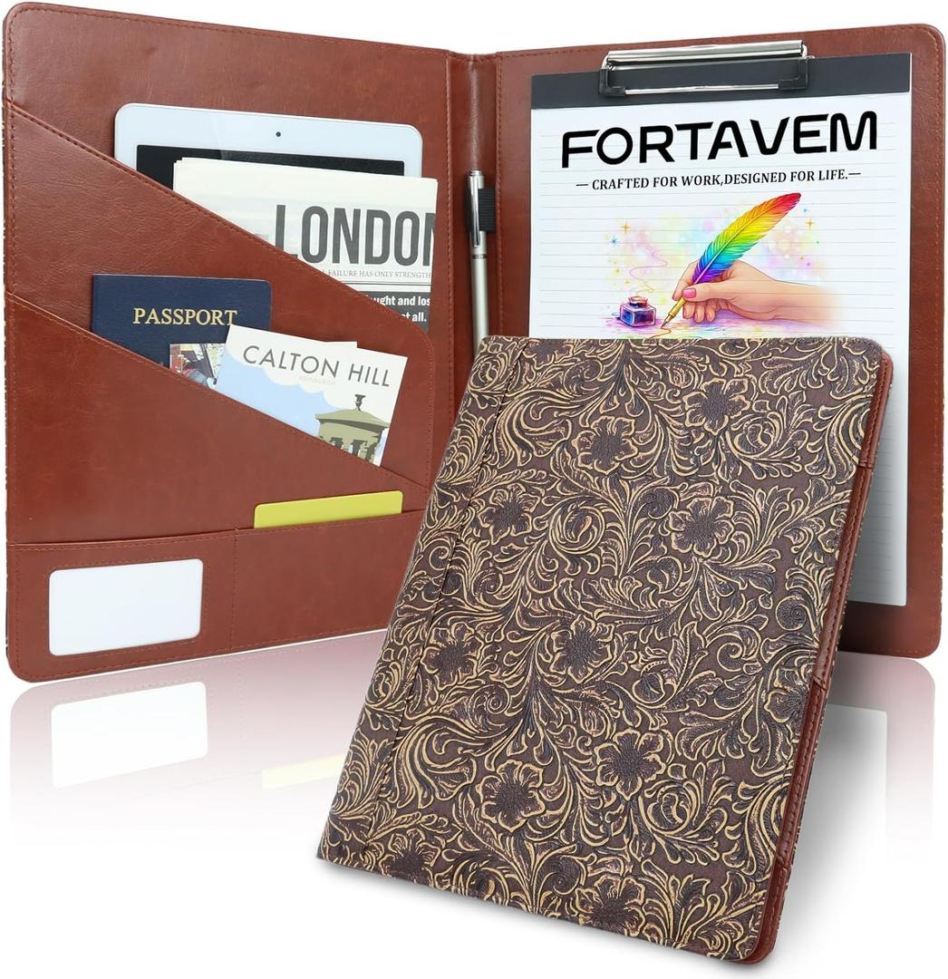 Professional Portfolio Binder, Faux Leather Padfolio for Resume, Note-Taking & Meetings, A4 Letter Writing Pad Holder for Women & Men, Vintage Floral