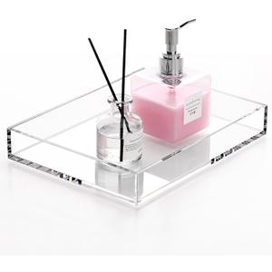DINGHUO Acrylic Perfume Bathroom Vanity Counter Tray, Clear 9.45"x7.09"x1.38" Rectangle Countertop Organizer for Jewelry Candles Soap Makeup Toilet Tank Kitchen - 1 Pack