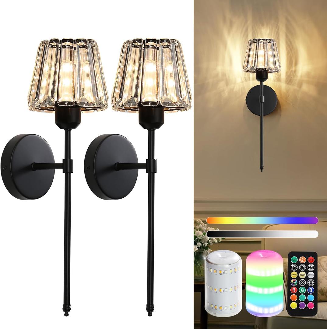 Battery Operated Crystal Wall Sconce Set of 2, Black Rechargeable Wireless Wall Sconces with Remote Dimmable 12 Colors Modes Led Wall Lights, Wall Lamp for Bedroom Living Room Hallway 2 Bulbs Included