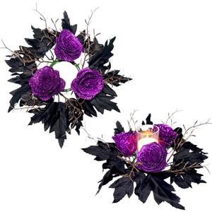 2pcs 11.8" Halloween Candle Rings Wreaths Artificial Glitter Purple Roses Dead Branches Black Leaves Candle Rings Holder Halloween Mini Wreaths for Table Centerpiece Home Dinner Table Christmas Decor