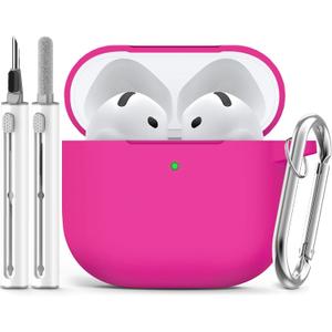 Ljusmicker for AirPods 4 Case 2024 with Cleaner Kit,Soft Silicone Protective Cover for Apple AirPods 4th Generation Cases for Women Men,for AirPod 4 Case Accessories with Keychain-Hot Pink