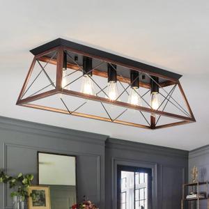 31.5" Flush Mount Ceiling Light, 5-Light Industrial Vintage Chandelier with Matte Black & Brushed Bronze Finish, Large Close to Ceiling Lighting for Dining Room, Kitchen Island, Living Room, Hallway