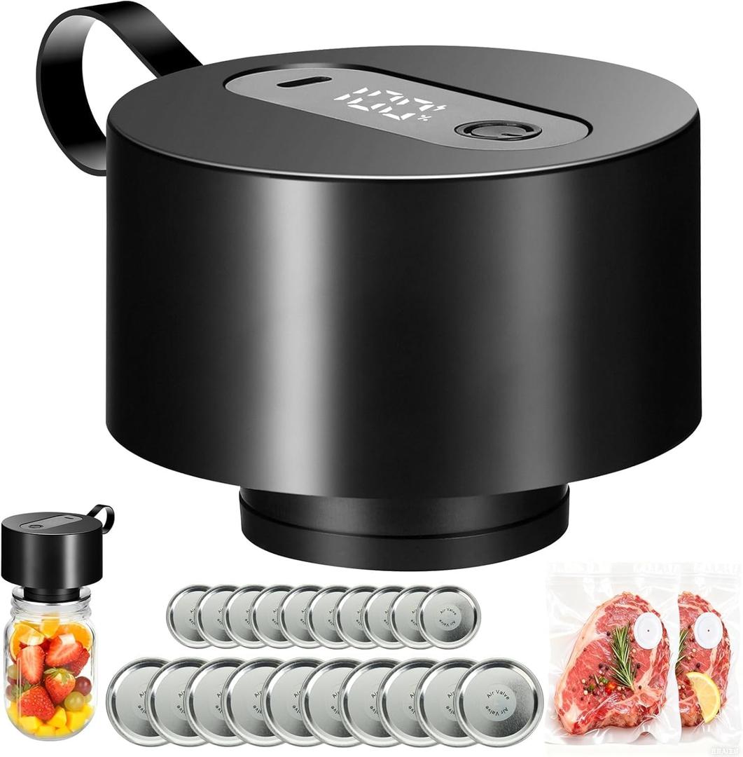 Electric Mason Jar Vacuum Sealer Kit, Automatic Stop Sealing Machine for Food Storage, Cordless Jar Sealer Compatible with Wide and Regular Mouth Mason Jars, Bags & Containers, 680+ Uses