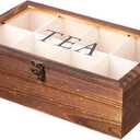 Rustic Torched Wooden Tea Bag Organizer Multiple Compartments Acrylic Clear Lid Dark Brown Burnt Wood Teabag Storage Divider Chest Holder TEA Lettering Vintage Style Latch Desktop Countertop