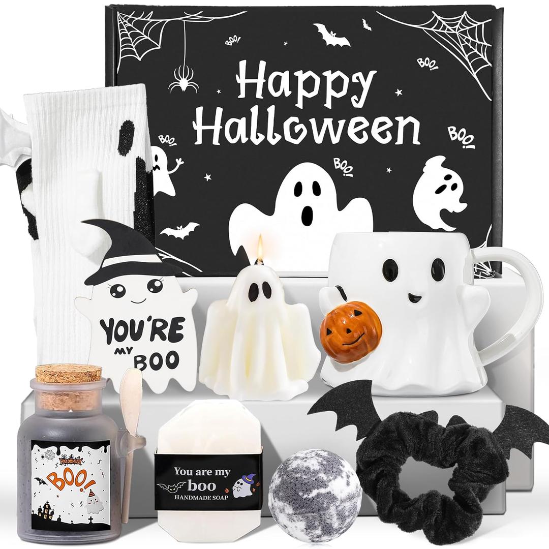 Boo Basket Stuffers for Women, 8PCS Halloween Boo Basket Gift Basket Including Boo Mugs, Cozy Socks, Relaxing Spa Gift Set, Spooky Basket Stuffers for Teen Girls Mom Friend Sister Wife