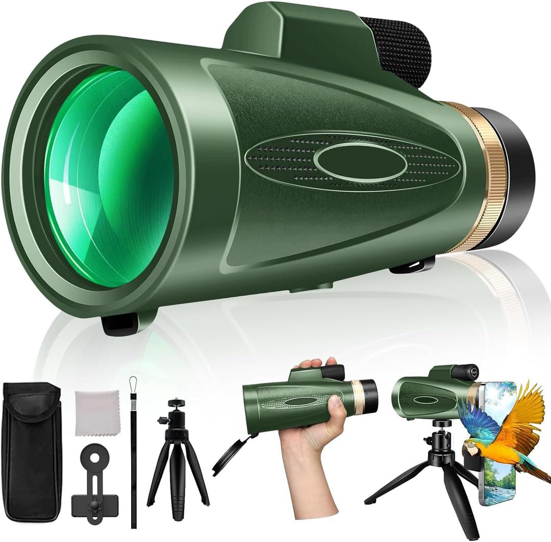 Monocular Telescope 80x100 High Power with Smartphone Adapter Tripod,Larger Vision Monoculars for Adults with BAK4 Prism & FMC Lens, Suitable for Bird Watching Hunting Hiking Camping Wildlife-Green