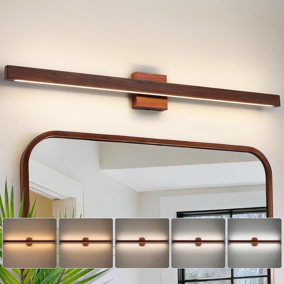 Modern Bathroom Light Fixtures Over Mirror, 39 Inch Brown Wood Finish Vanity Light Bar 30W Dimmable 5CCT LED Vanity Lights for Bathroom Wall Lighting Fixtures Over Mirror