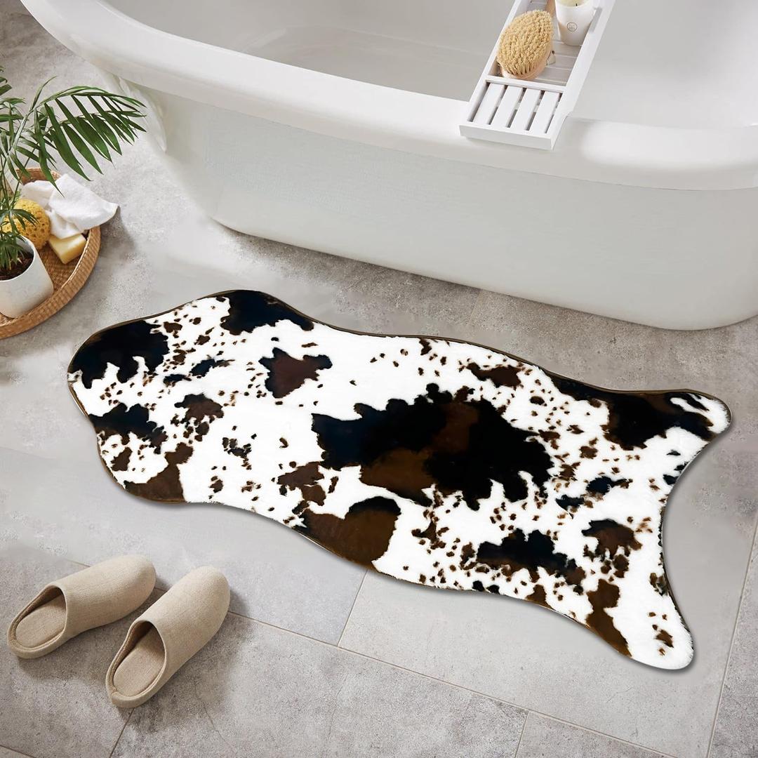 Coffee and White Cow Cute Bath mat,Faux Rabbit Fur Non-Slip Shaggy Water Absorbent Microfiber Soft Fluffy Bathroom Rugs,Washable for Home Decor Living Room Soft Plush Rug 23.6x47.2 inch (1'11" x 3'11" (Rectangular))