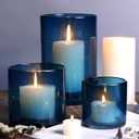 Hurricane Candle Holder Set of 3 Blue Candle Holders for Pillar Candles, Seeded Bubbles Glass Candle Holder, Blue Glass Cylinder Vases for Table Centerpieces, Home, Patio and Wedding 8" 4.7" 3.5" (Medium)