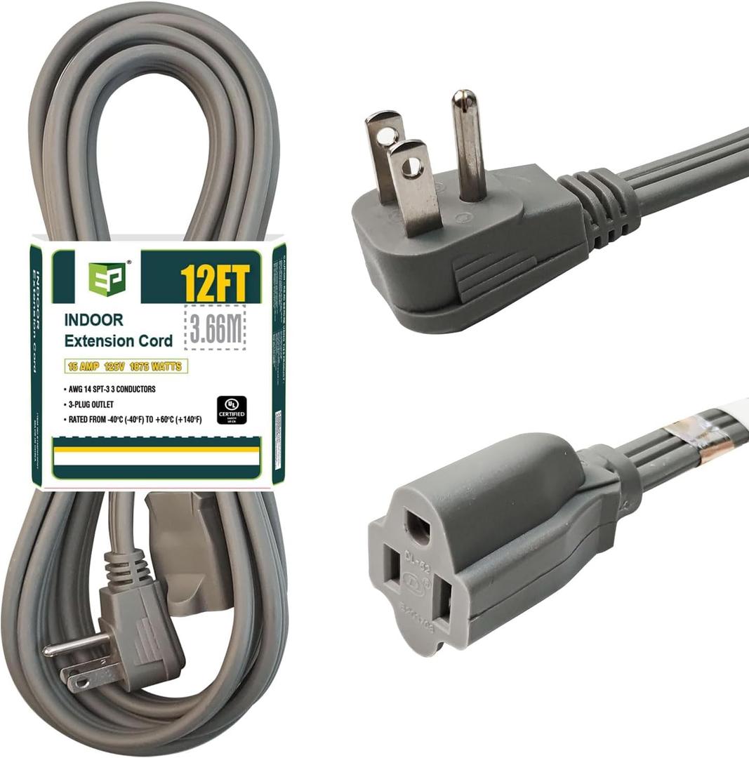 EP 12 Ft Heavy Duty Appliance Extension Cord - 14 Gauge 3 Prong Grounded Cable Wire, Ideal for Air Conditioners, Refrigerators, Microwaves, Washing Machines & More - Indoor Use, Gray (Grey)