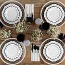 PLASTICPRO 64 Pack Elegant Disposable Plastic Plates Combo Set Includes 32 Dinner Plates and 32 Salad Plates Heavy Duty Fancy Party Plates White & Black Contemporary Design