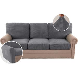 H.VERSAILTEX Multi-Pieces Sofa Covers Stretch Couch Covers Form Fitted Seats and Back Cushions Covers (3 Seat Covers Plus 3 Back Cusion Covers, Bonus 2 Armrest Covers), Grey (Neutral Gray)