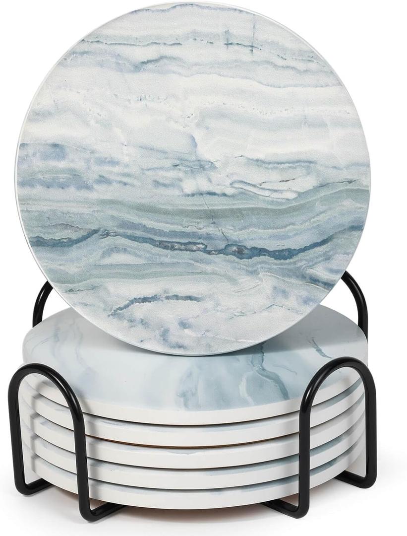 Acejoz Drink Coasters with Holder for Coffee Table, Absorbent Coasters Set of 6, Marble Style Ceramic Coaster for Wooden Table, Suitable for Kinds of Cups, Home Decor, 4 Inches(Blue)