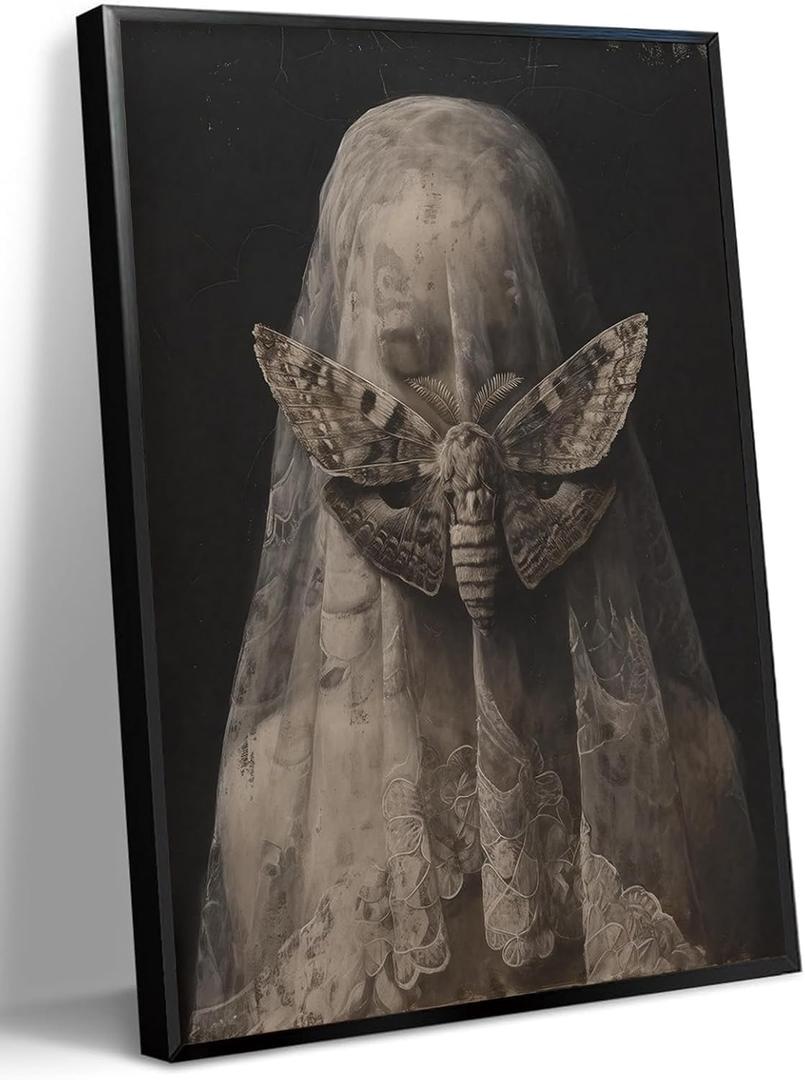 WOKAOGO Black Framed Wall Art Veiled Woman with Moth Wall Decor Dark Academia Canvas Art Gothic Pictures Vintage Paintings Victorian Prints Moody Artwork for Bedroom Bathroom