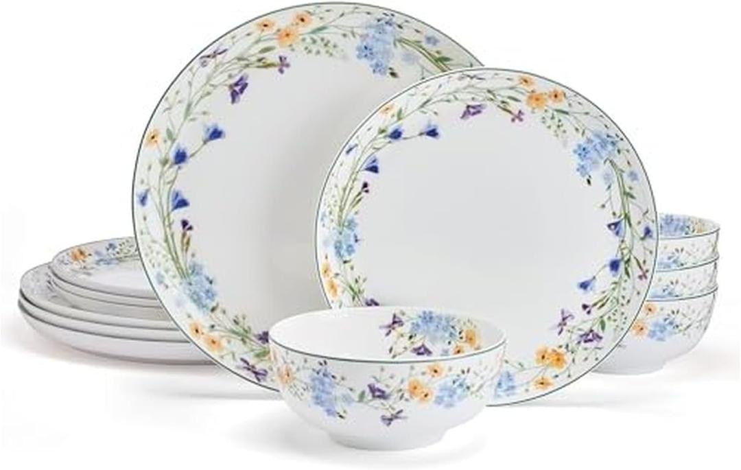 Mikasa Quinn Lightweight Bone China 12 Piece Dinnerware Plate Bowl Set, Service for 4