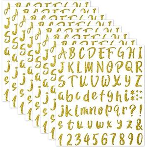 Outus 576 Pieces 8 Sheets Glitter Letters Stickers Self Adhesive Vinyl Letter Alphabet Number Stickers Mailbox Numbers Sticker, Decals for Classroom Decor, Sign, Door (Gold, 1 Inch)