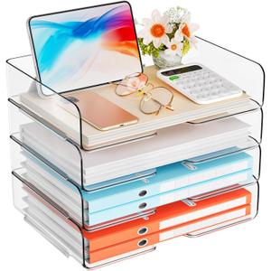 StorBin 4 Trays Paper Organizer Letter Tray, Acrylic Stackable Desk File Organizer, Clear Office Desk Organizer for File Paper, Ipad, Letter, A4 Office File, Books, Notes