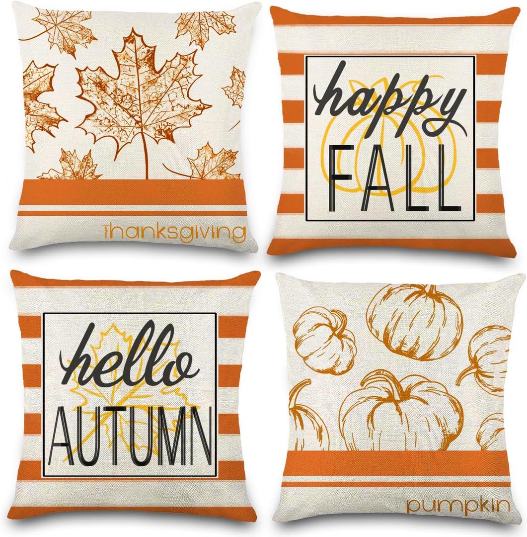 YUJUN 4 Pack Fall Pillow Covers Decoration,18x18in Buffalo Plaid Farmhouse Pumpkin Maple Leaves Thanksgiving Fall Throw Pillows Cushion Case Couch Decor for Autumn Home Outdoor Decorations (White)