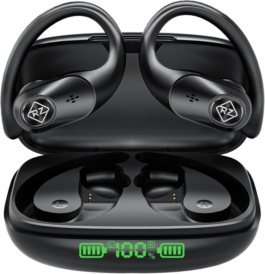 Wireless Earbuds Bluetooth Headphones 96H Playtime LED Display Waterproof Built in Mic Deep Bass Sound Secure Over Ear buds Earhooks for iPhone Android Samsung Cell Phones Sport Workout Gaming Running