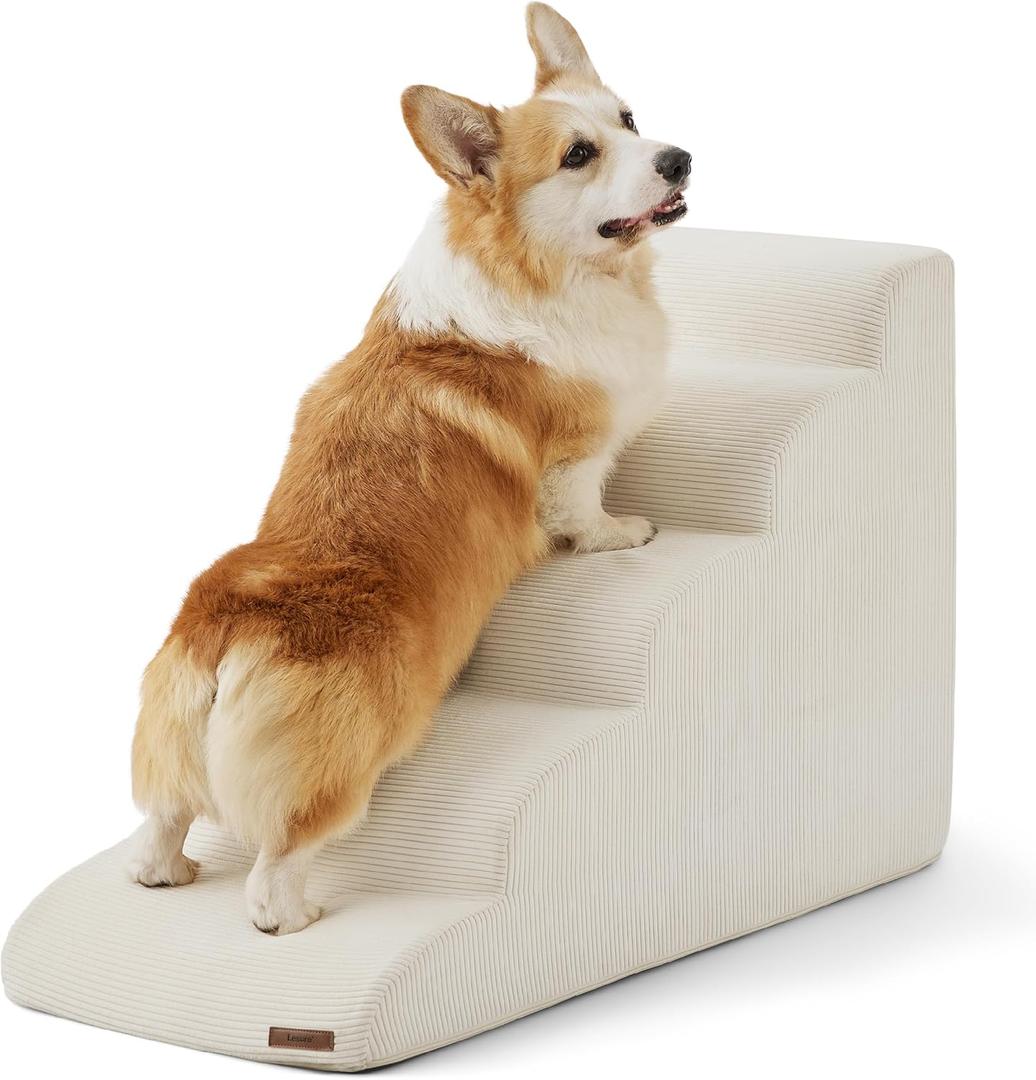Lesure Dog Stairs for Small Dogs and Cats Pet Steps Ramp for Bed and Couch with CertiPUR-US Certified Foam with Non-Slip Bottom, Beige, 5 Steps