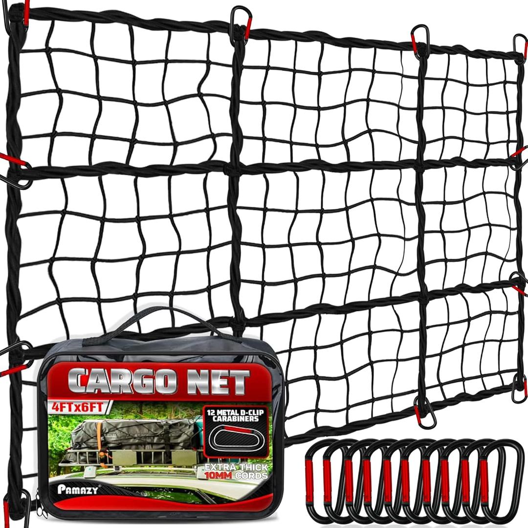 [Premium] 4'x6' Heavy Duty Cargo Net Stretches to 8' x 12', Extra Thick 10mm Cord Bungee Cargo Netting for Pickup Truck Bed, Roof Rack Net & 12 PCS Steel Carabiners