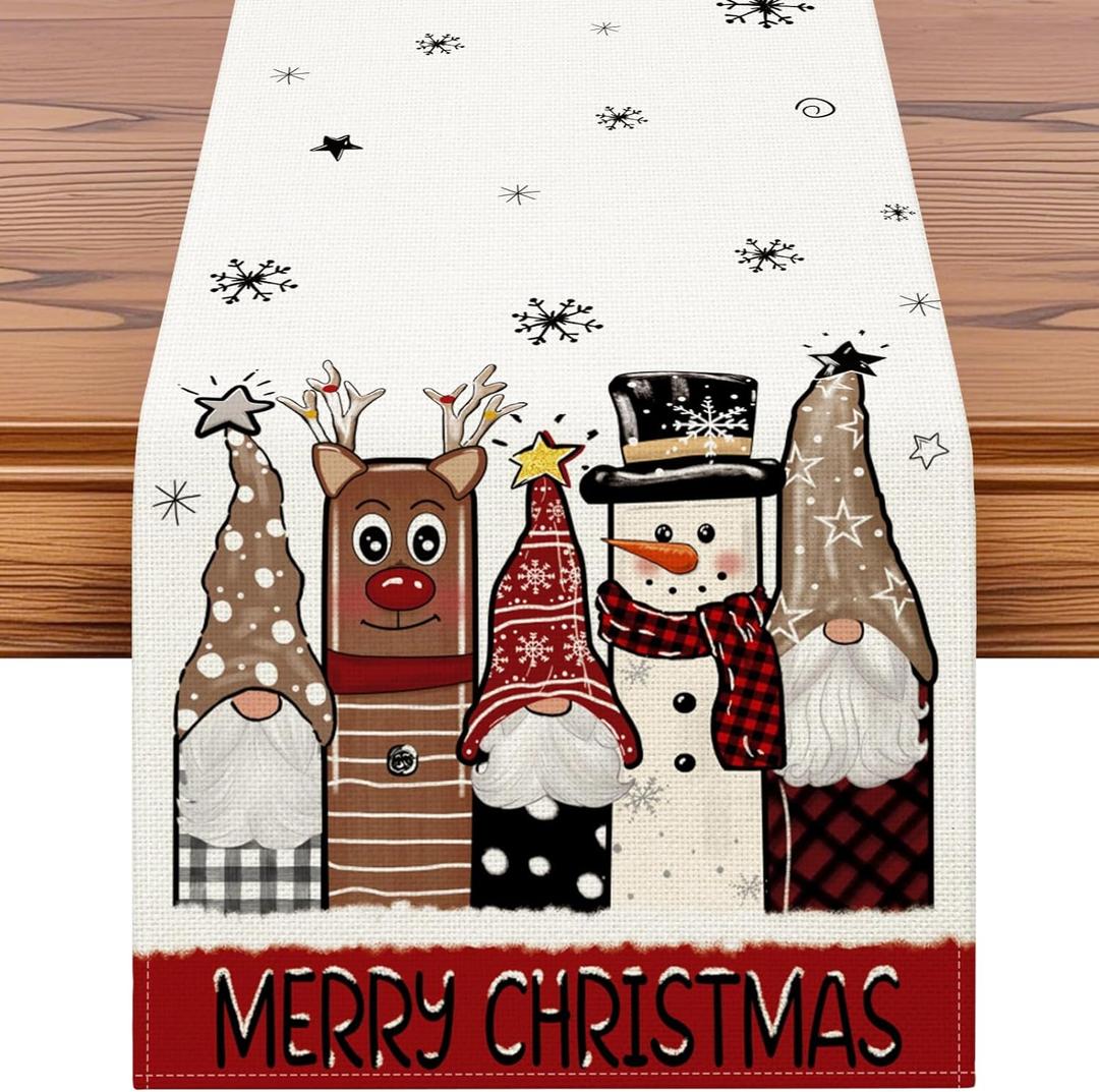 OTOSTAR Gnomes Snowman Elk Merry Christmas Table Runner, Xmas Seasonal Winter Holiday Kitchen Dining Table Decoration for Home Party Decor 13x36 Inch