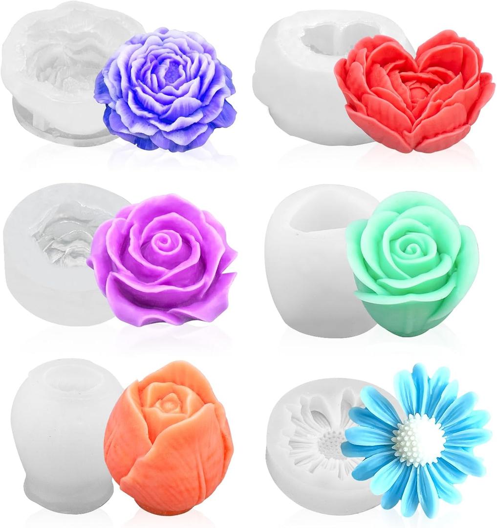 6Pcs Rose Flower Candle Resin Mold Silicone Flower Mold for Candle Making Large 3D Heart Rose Tulip Daisy Peony Valentine Mother Day Silicone Candle Mold for Soy Wax Beeswax Resin Craft