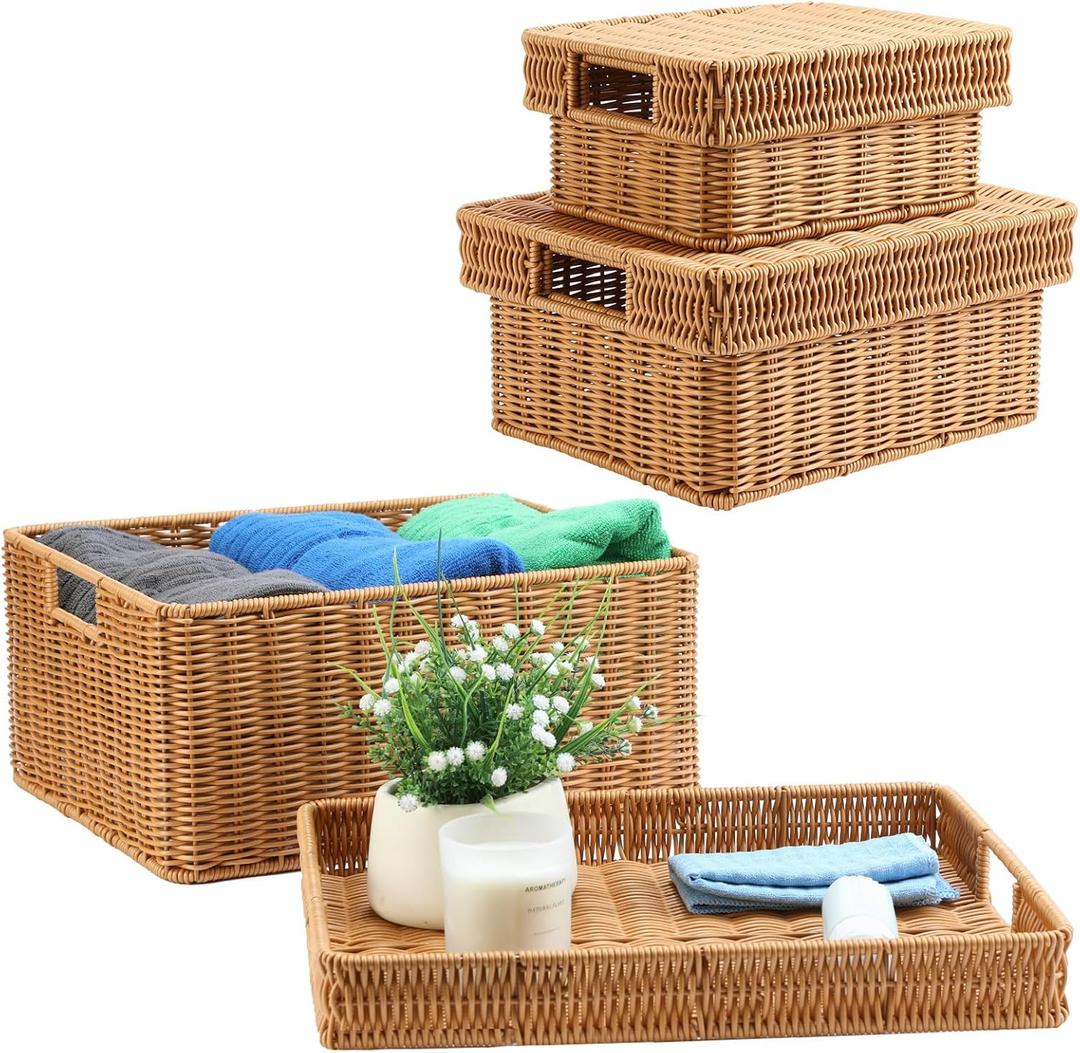 Large Woven Storage Basket with Lid - Handcrafted Wicker Basket for Shelves, Pantry, Office, Nursery Small Medium Large (3-Piece Set) (Light Brown(Waterproof Synthetic Rattan))