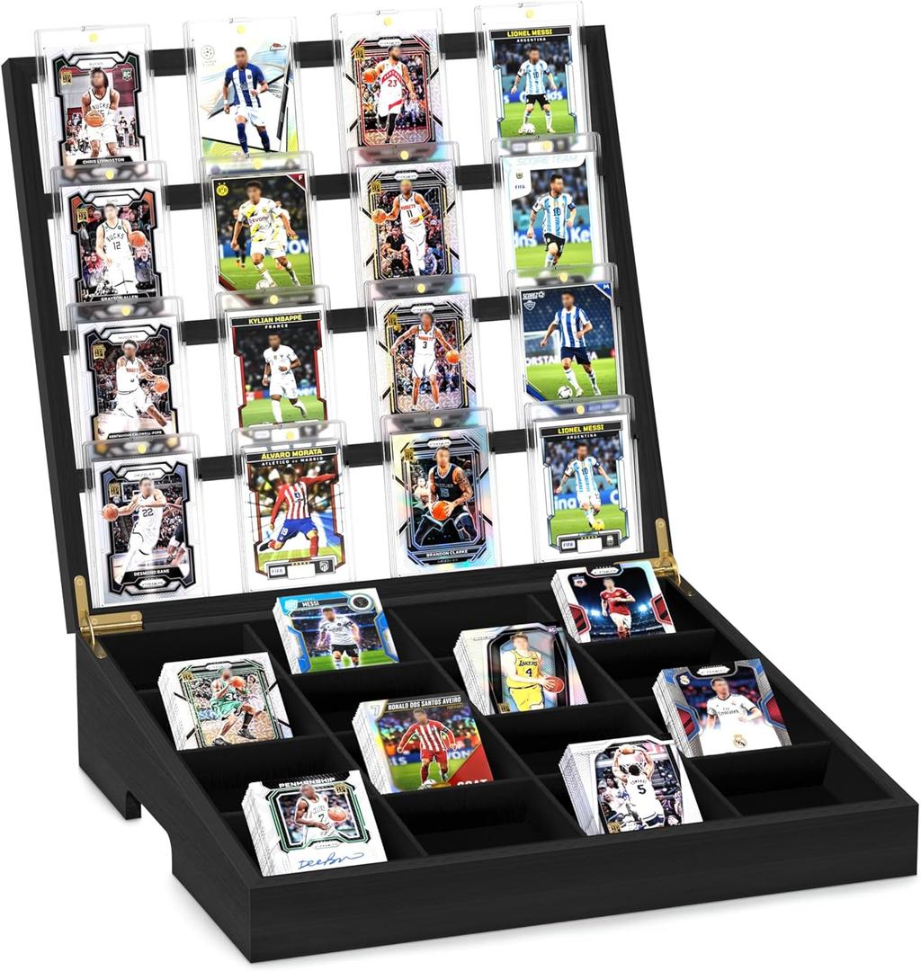 Emfogo Wooden Card Sorting Tray Trading Card Display, 16-Compartment Trading Cards Organizer with Handle Design, Cards Sorter for Sports, Trading, TCG, Game, and Collection Display, Black