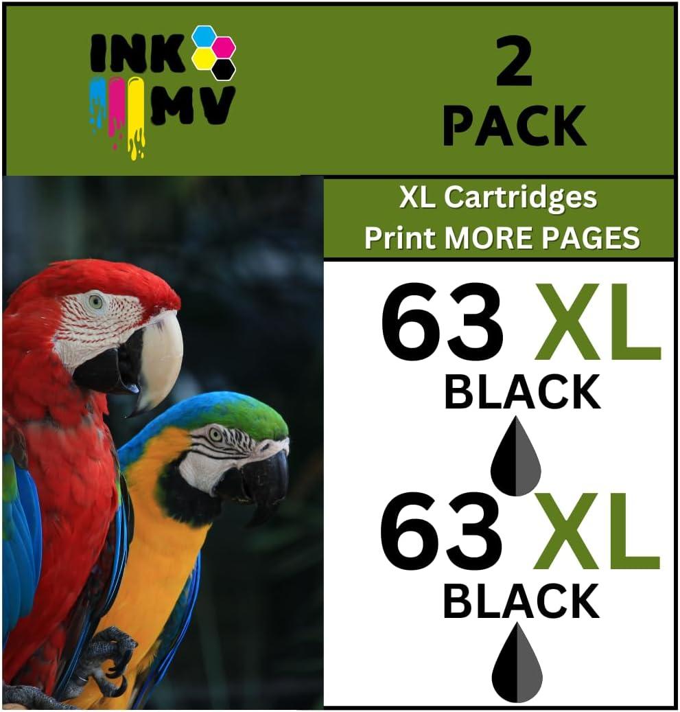 INK MV 63XL Black Printer Cartridges, High-Yield XL Replacement for HP 63, 2 Pack