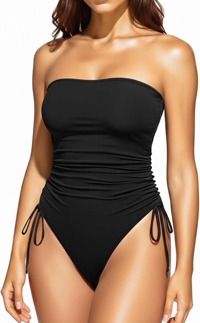 Yonique Women Strapless One Piece Swimsuit Tummy Control Bandeau Bathing Suit Cheeky Swimwear (Small, Pure Black)