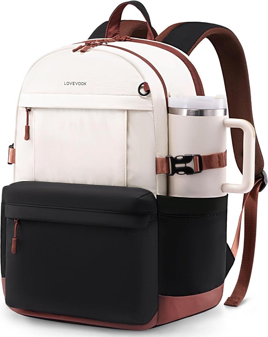 LOVEVOOK Laptop Backpack for Women with Giant Tumbler Holder,18 Inch Laptop Computer Bag Travel Backpack Purse,Waterproof Work Business Backpack College Bookbag Teacher Bags,Beige-Black-Brown