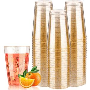 Goodluck 14 oz 50 PCS Gold Glitter Plastic Cups, Disposable Glitter Cups, Elegant Plastic Cocktail Glasses, Fancy Party Cups for Wedding, Birthday, Holiday