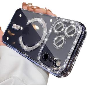 Changjia Magnetic Clear Glitter Case for iPhone 17 Pro, [Compatible with MagSafe] Cute Bling Sparkly Diamond Rhinestones with Camera Protector TPU Bumper Women Girls Case for iPhone 17 Pro 6.3", Blue