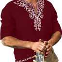 JoZorro Men's Polyester Linen V Neck Henley Shirt Long Sleeve Caftan Handmade Tunic Embroidered Casual Beach T Shirts (X-Large)