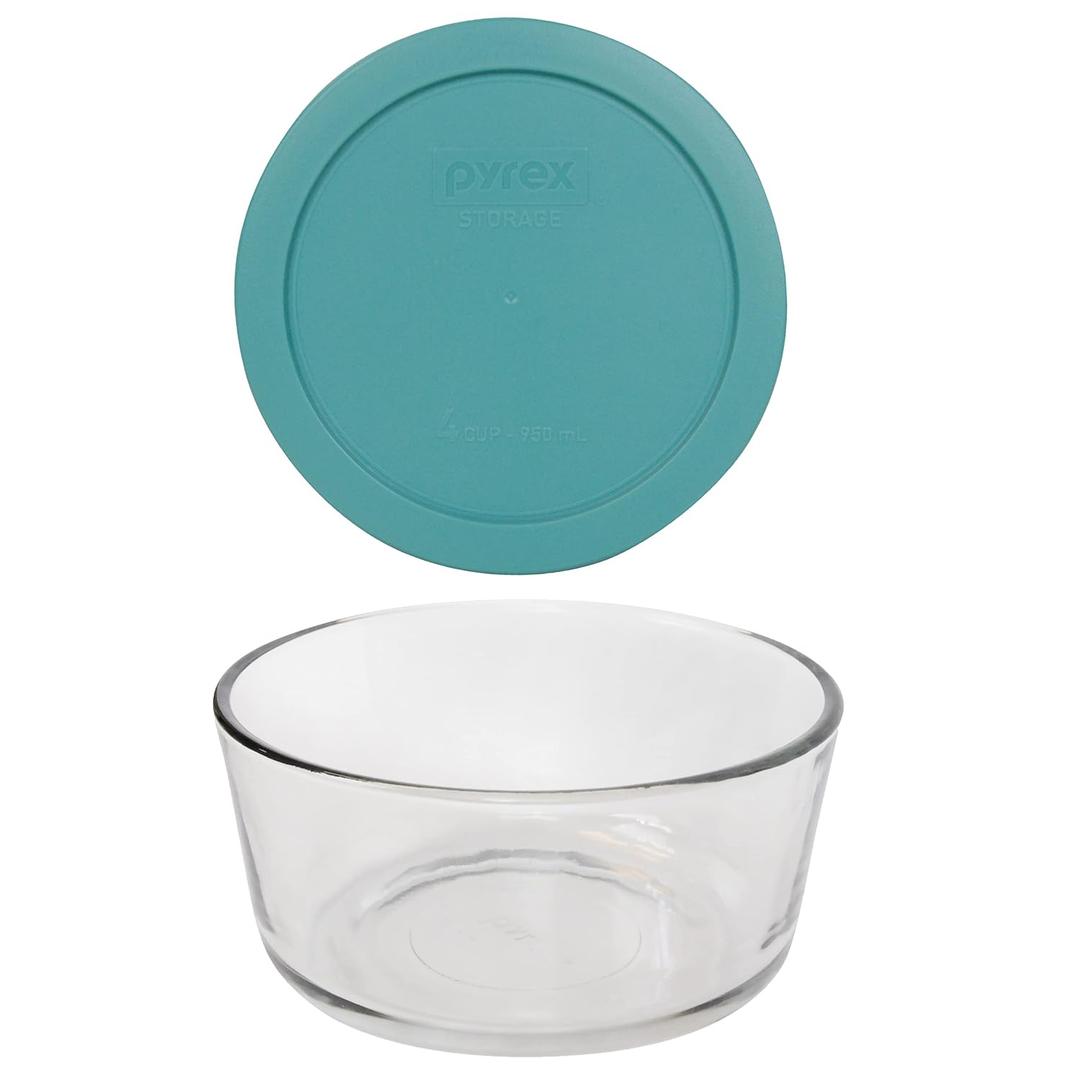 Pyrex 7201 4 Cup Glass Bowl & 7201-PC Turquoise Food Storage Replacement Lid - Made in the USA